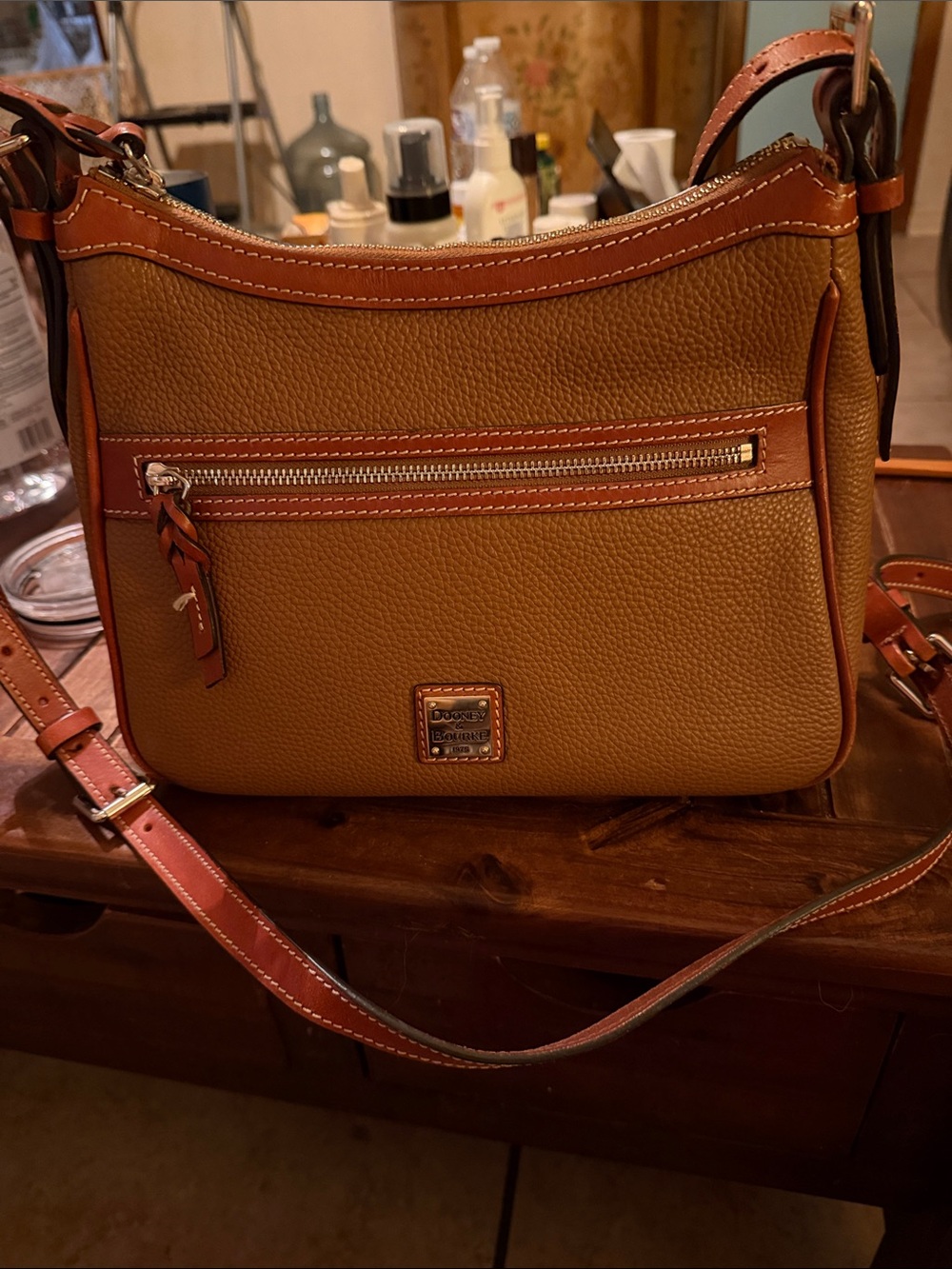 Dooney & Bourke Pebble Leather Crossbody in Mustard with Tan Trim